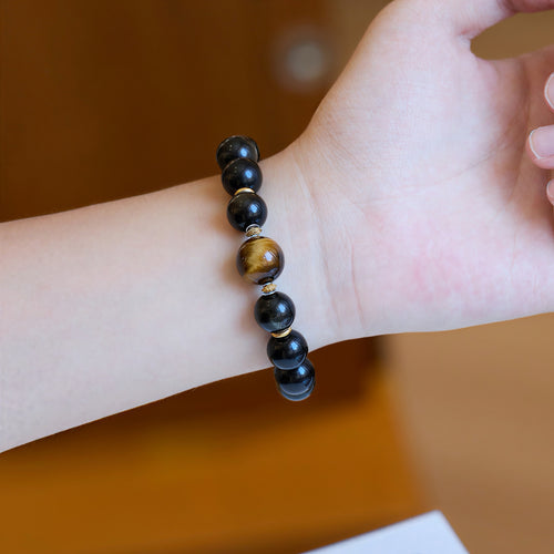 Golden & Silver Sheen Obsidian Bracelet with Tiger's Eye and 925 Silver Lu Lu Tong Bead