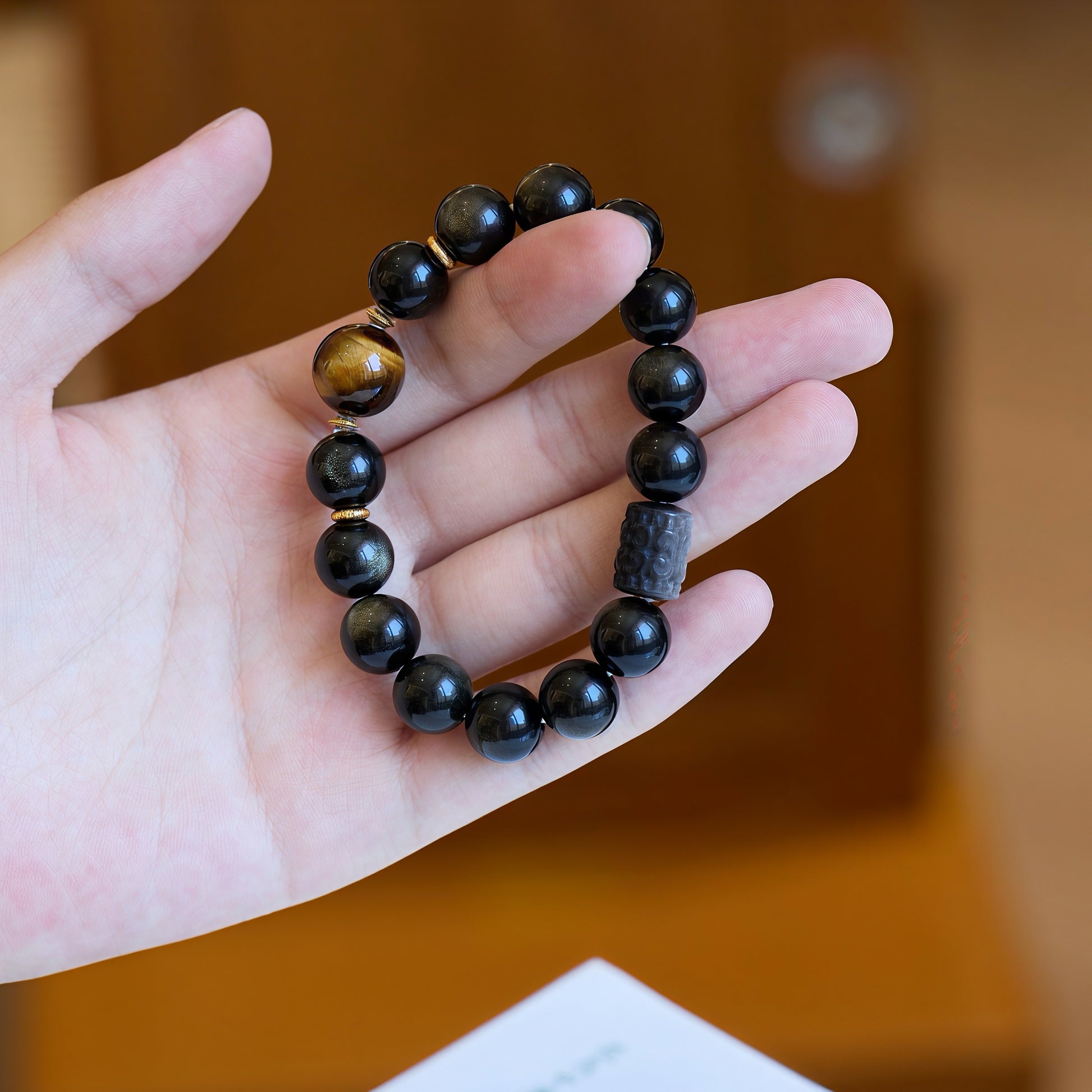 Golden & Silver Sheen Obsidian Bracelet with Tiger's Eye and 925 Silver Lu Lu Tong Bead
